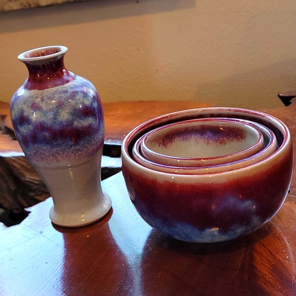 Artisan made Pottery Vase & Stacking Bowls